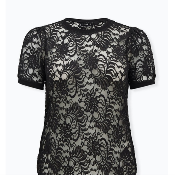 BLACK SHEER LACE PUFF SLEEVE TEE - Picture 2 of 2